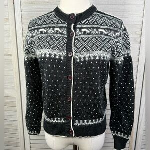 J. JORDAN Vintage 80's Angora Blend Reindeer Fair Isle Cardigan Black/White-L